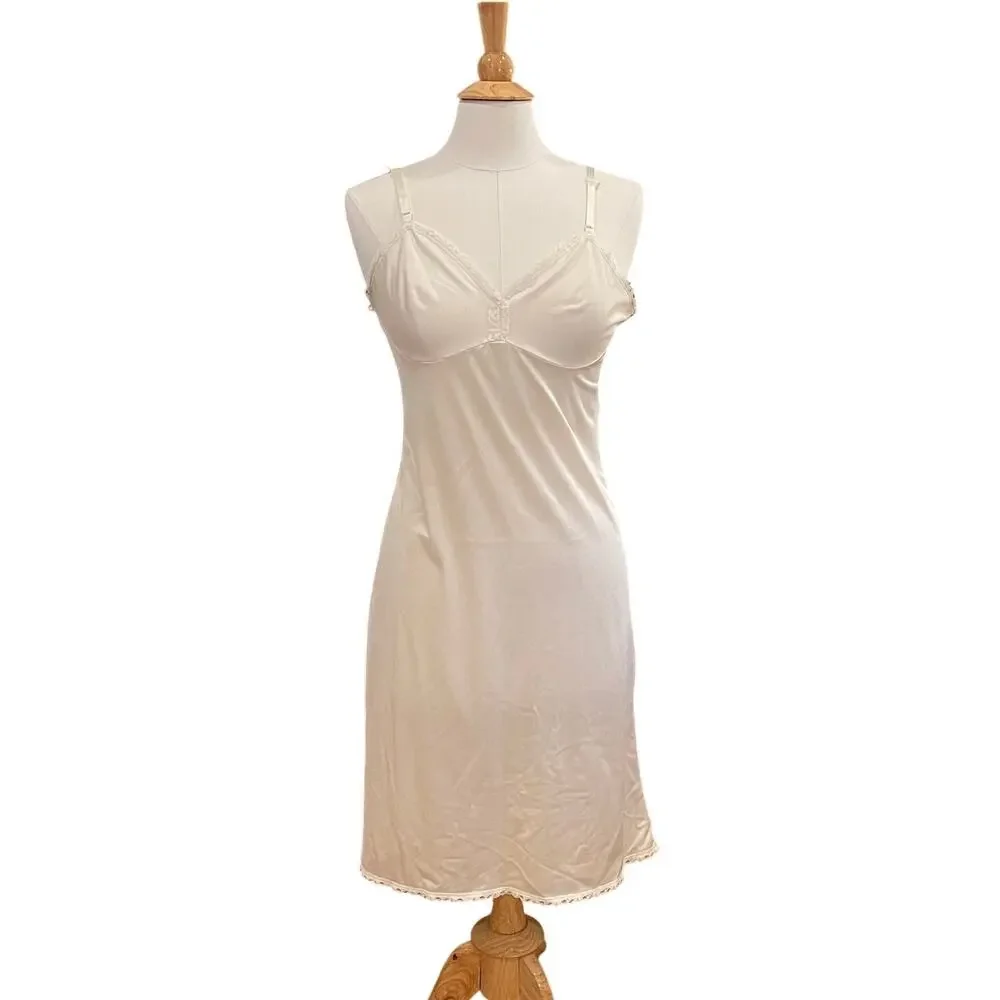 Vintage 80s Sears Ivory Satin Slip Dress, Lace Trim, Size 36, M